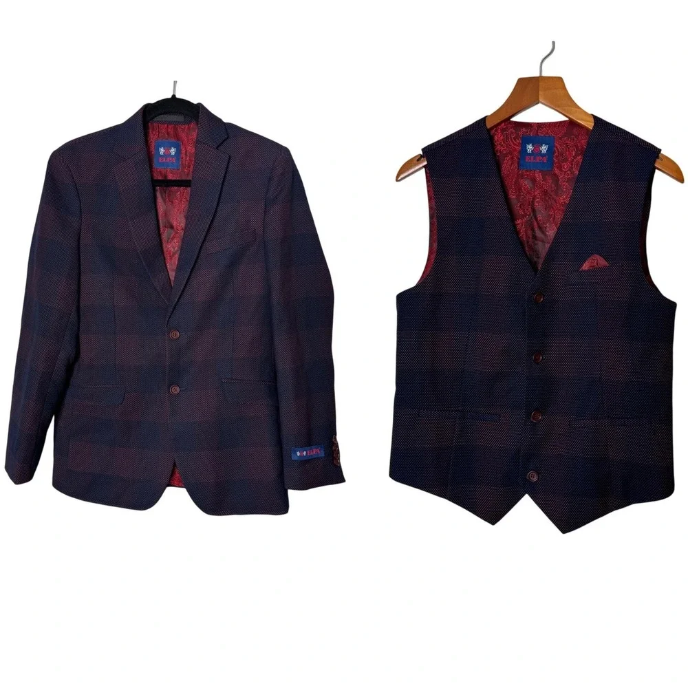 ELPA Boys‎ 2 Piece Formal Plaid Blazer and Vest Set Navy Burgundy Kids Size 18